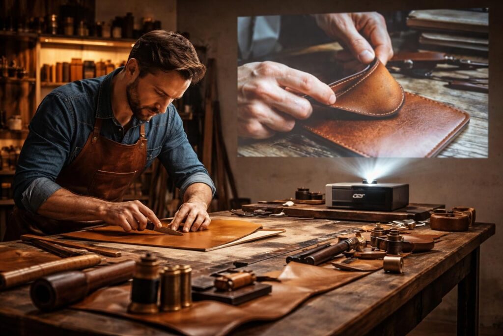 découvrez l'artisanat du cuir sublimé par une projection en boucle grâce au vidéoprojecteur acer, pour un effet premium et une présentation immersive.