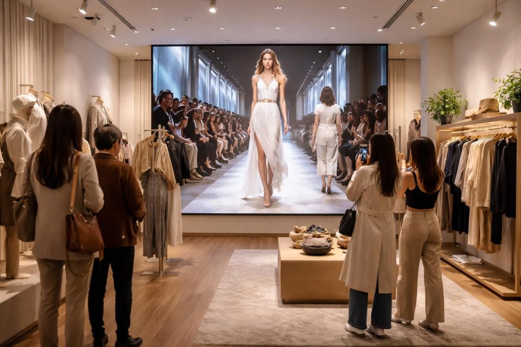 découvrez comment un écran de projection crée une ambiance boutique unique lors d'un défilé permanent, alliant élégance et innovation pour sublimer votre espace.