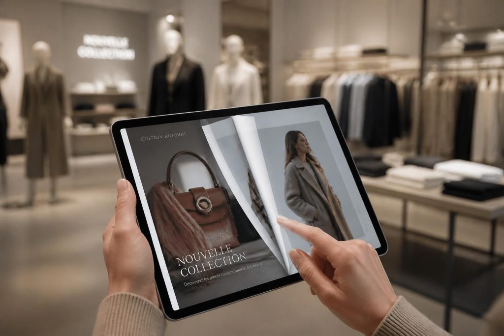 découvrez notre nouvelle boutique transformée en magazine interactif : feuilletez la collection mode directement sur votre tablette tactile pour une expérience shopping innovante et conviviale.