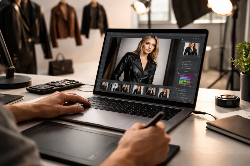 découvrez un workflow professionnel de retouche photo sur pc portable dédié à la mode et au cuir, optimisant chaque étape du shooting pour des résultats impeccables.