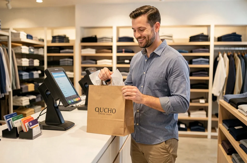 Client satisfait tenant son sac d'achat à la caisse du magasin Celio de Vichy