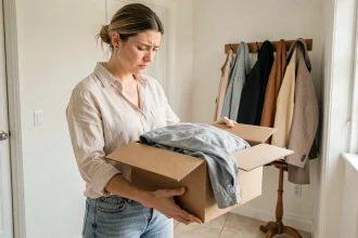 Femme déçue examinant un vêtement reçu dans un colis ouvert près d'un portemanteau à la maison