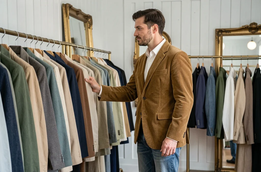 Homme en blazer corduroy des années 70 explorant les vêtements soigneusement sélectionnés de la boutique ADN Vintage
