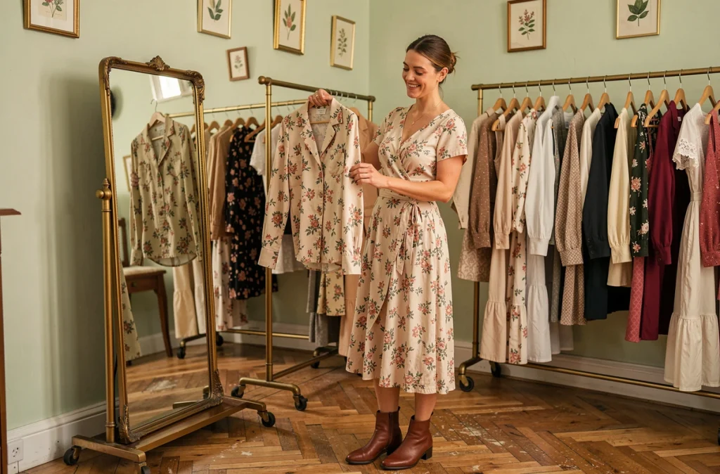 Femme en robe fleurie vintage inspectant un chemisier dans la friperie Antoine et Colette, ambiance boutique française rétro