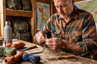 Homme artisan tressant un bracelet paracord personnalisé coloré dans un atelier rustique en bois avec équipement outdoor en arrière-plan