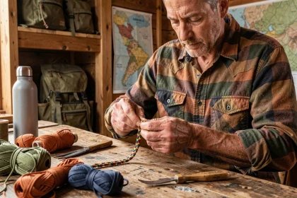 Homme artisan tressant un bracelet paracord personnalisé coloré dans un atelier rustique en bois avec équipement outdoor en arrière-plan