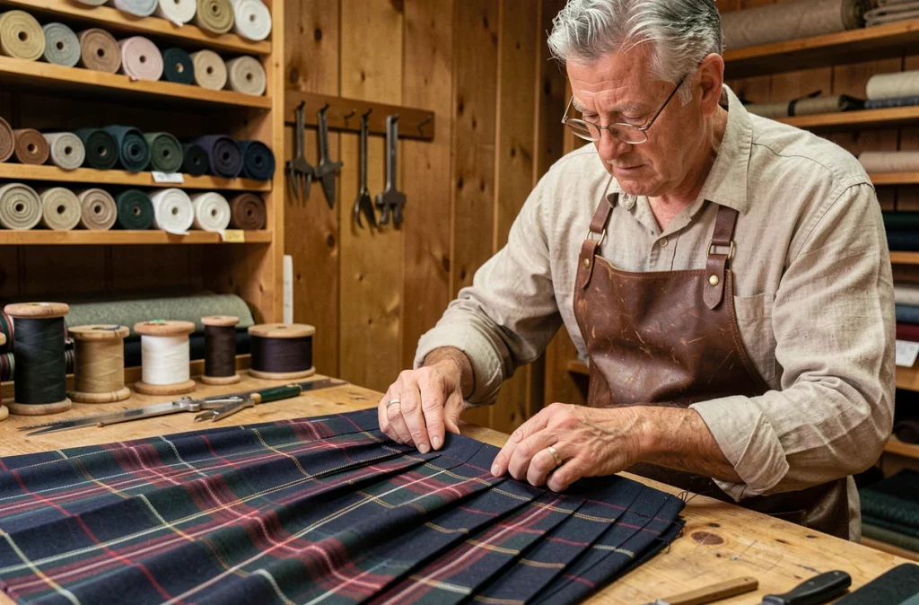Artisan inspecte les détails de tissage d'un kilt irlandais marine dans un atelier de textile traditionnel