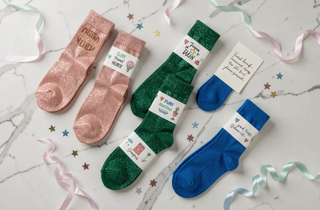 Assortiment de chaussettes paillettes colorées avec messages sur fond marbre blanc pour idée cadeau