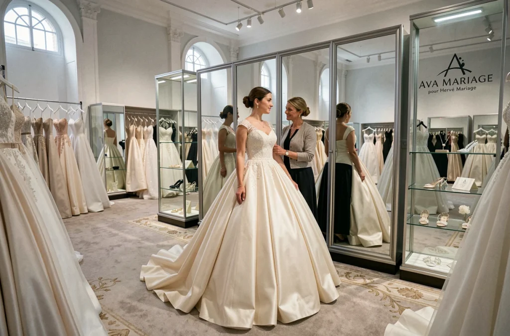 Consultante aidant une mariée à essayer une robe de mariée volumineuse chez Ava Mariage pour Hervé Mariage à Marseille