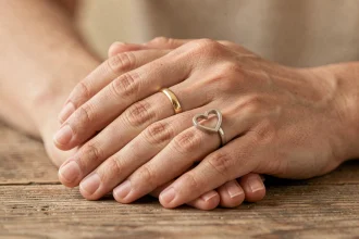 Deux mains entrelacées portant une alliance classique en or et une bague cœur magnétique, posées sur une table en bois rustique