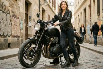 Femme portant des bottes moto noires en cuir à protection renforcée, debout à côté d'une moto dans une ruelle urbaine pavée
