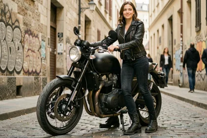 Femme portant des bottes moto noires en cuir à protection renforcée, debout à côté d'une moto dans une ruelle urbaine pavée