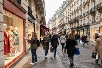 Rue commerçante animée du Val-d'Oise avec des boutiques de prêt-à-porter féminin et des femmes faisant du shopping