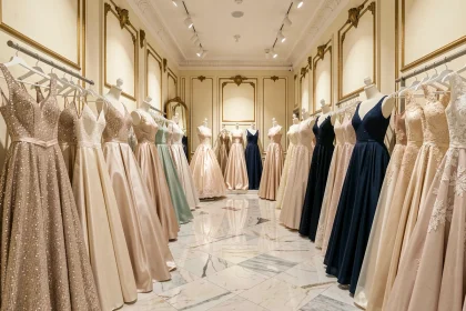 Intérieur d'une boutique de robes de soirée élégante dans les Bouches-du-Rhône, avec des robes de cérémonie exposées sur des mannequins