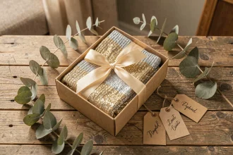 Chaussettes paillettes dorées et argentées dans une boîte cadeau kraft avec ruban satiné sur table en bois rustique
