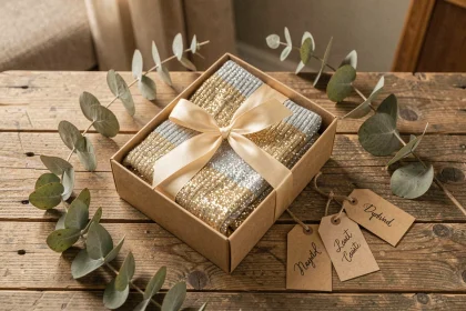 Chaussettes paillettes dorées et argentées dans une boîte cadeau kraft avec ruban satiné sur table en bois rustique