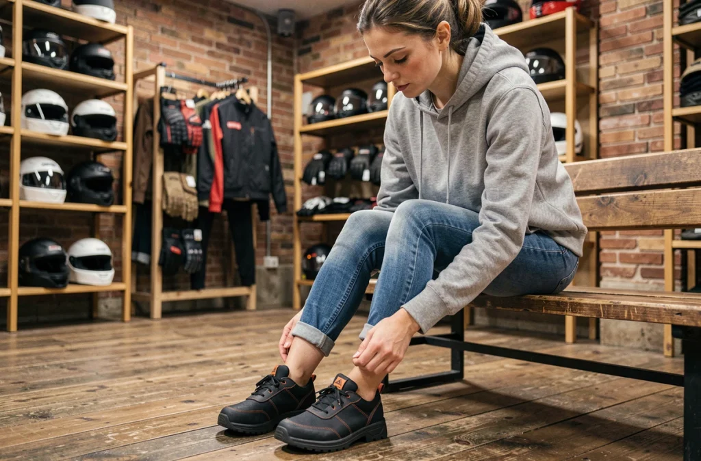Jeune femme essayant des chaussures moto courtes en textile imperméable dans une boutique d'équipements moto
