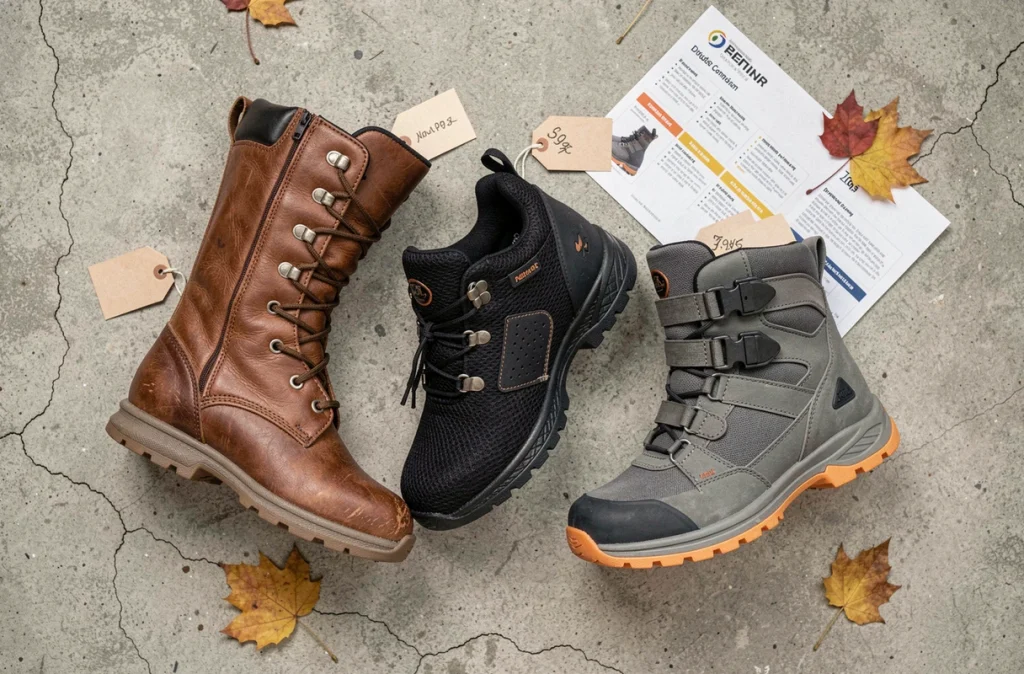 Comparatif de trois paires de chaussures moto femme à prix abordable disposées en flat-lay sur béton brut