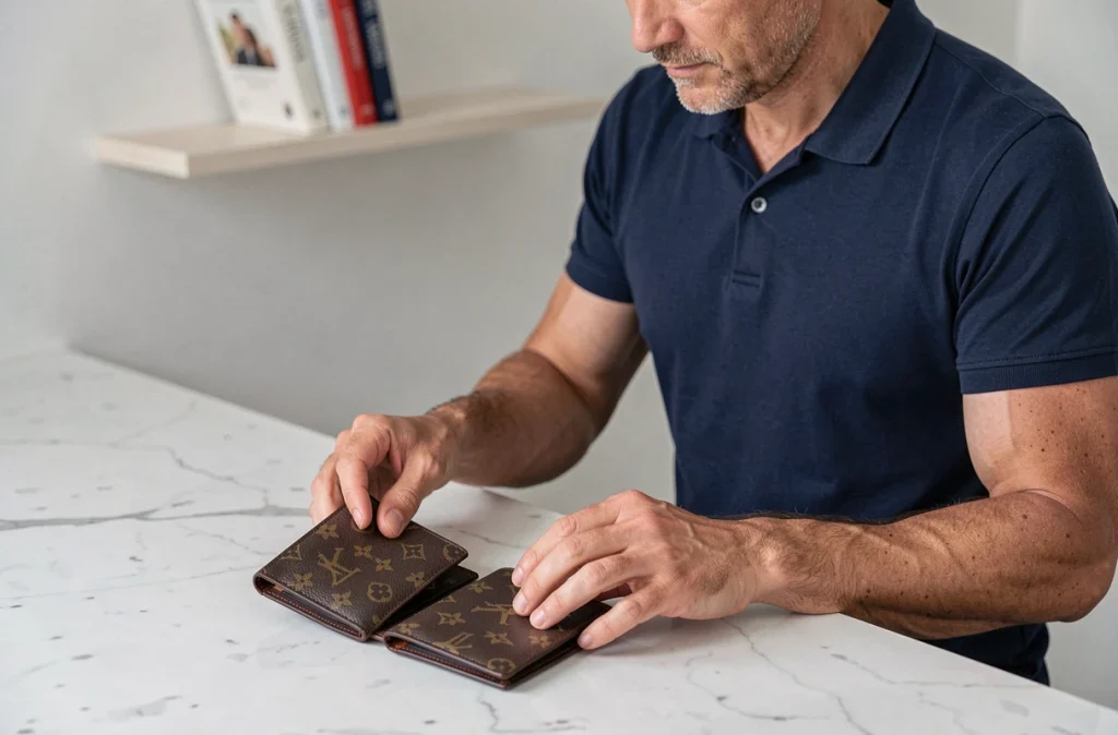 Comparaison de deux portefeuilles Louis Vuitton pour identifier un faux côte à côte