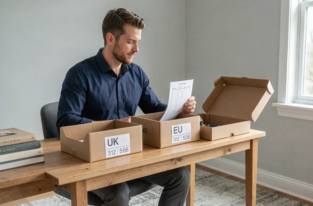 Homme comparant des boîtes de chaussures avec les tailles UK et EU et un tableau de conversion pour marques britanniques