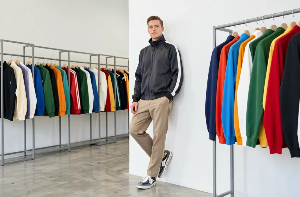Homme en veste de sport vintage 90s posant entre des portants de streetwear trié dans la boutique Cool Apparat