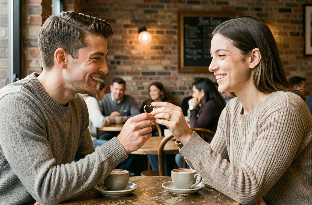 Couple dans un café comparant une bague cœur magnétique et une alliance traditionnelle en or avec des sourires naturels