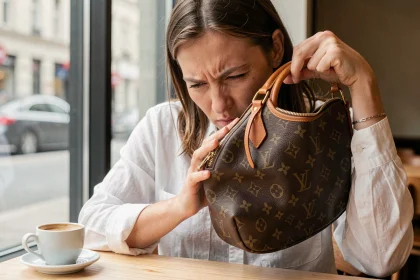 Femme examinant attentivement un sac Louis Vuitton pour détecter une contrefaçon