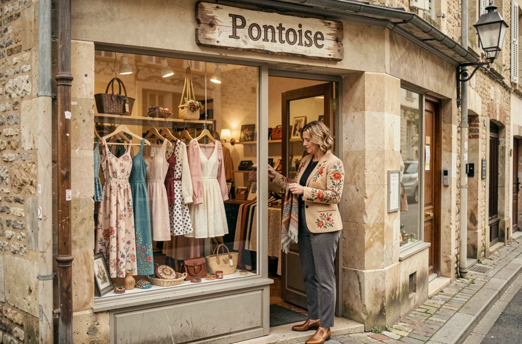 Boutique indépendante Différence à Pontoise avec sa vitrine originale et une cliente admirant une pièce unique