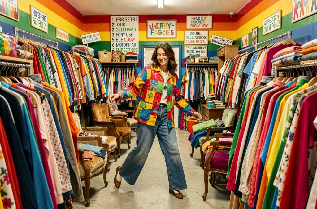 Femme en veste patchwork virevoltant joyeusement entre les portants colorés et débordants de la friperie Ding Fring