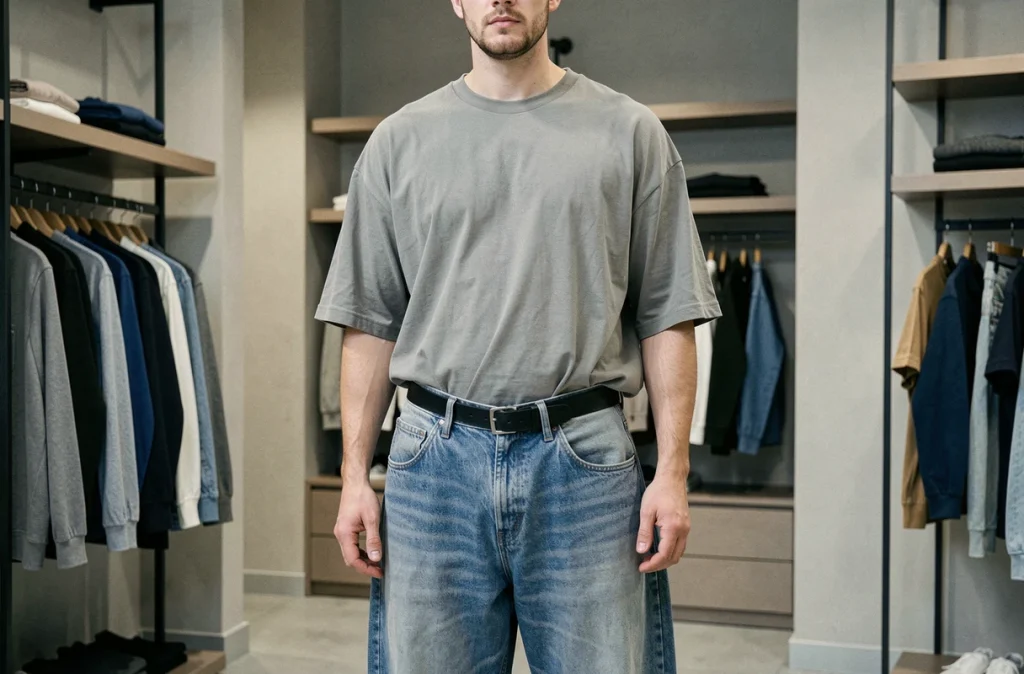 Homme avec un jean baggy mal ajusté et un t-shirt oversize trop grand, exemple d'erreurs courantes de style streetwear