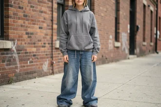 Femme portant un jean baggy trop grand et un hoodie oversize mal proportionné, illustration des erreurs de style à éviter