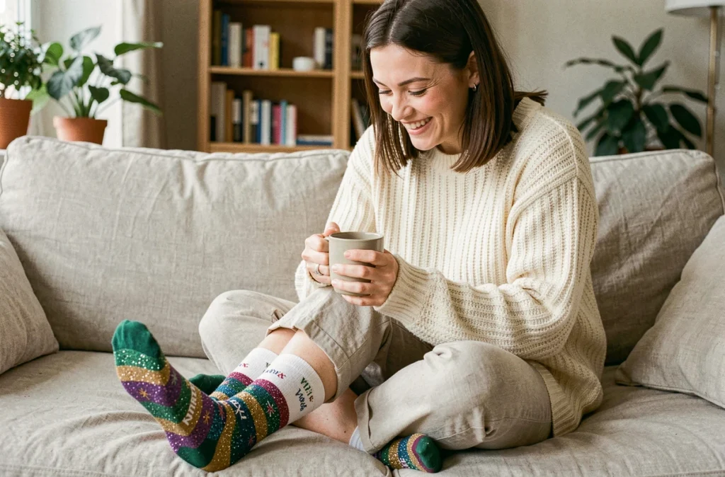 Femme souriante portant des chaussettes paillettes avec message sur un canapé en lin dans un salon cosy