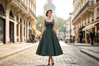 Femme en robe à jupe corolle et taille marquée dans une rue ensoleillée