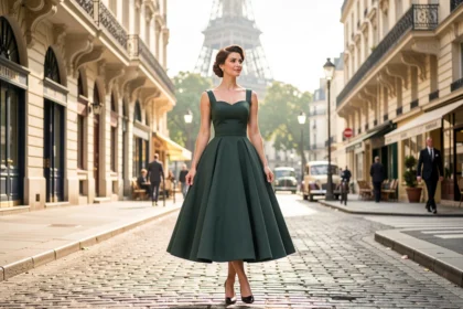 Femme en robe à jupe corolle et taille marquée dans une rue ensoleillée