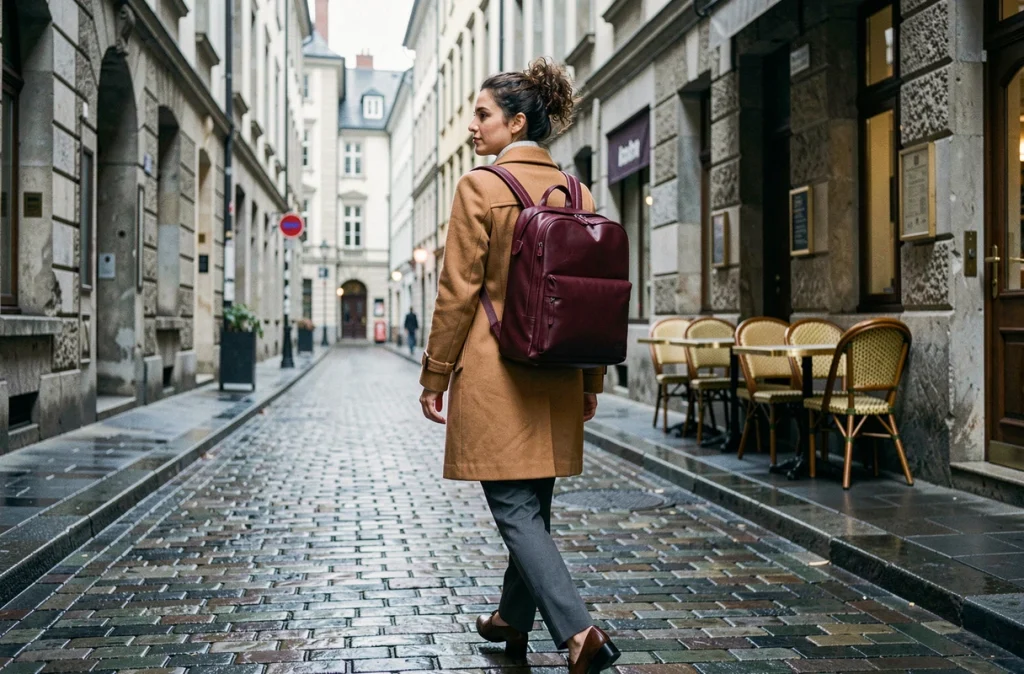 Femme nomade digitale marchant dans une rue européenne avec un sac à dos ordinateur en cuir bordeaux
