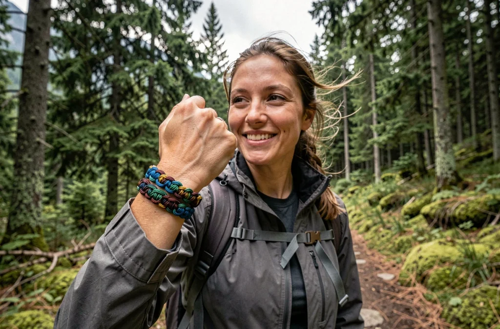 Femme randonneuse portant des bracelets paracord personnalisés colorés sur un sentier de forêt de pins en montagne