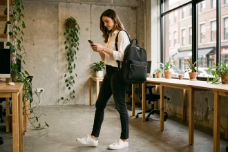 Femme en télétravail portant un sac à dos ordinateur noir dans un espace de coworking moderne