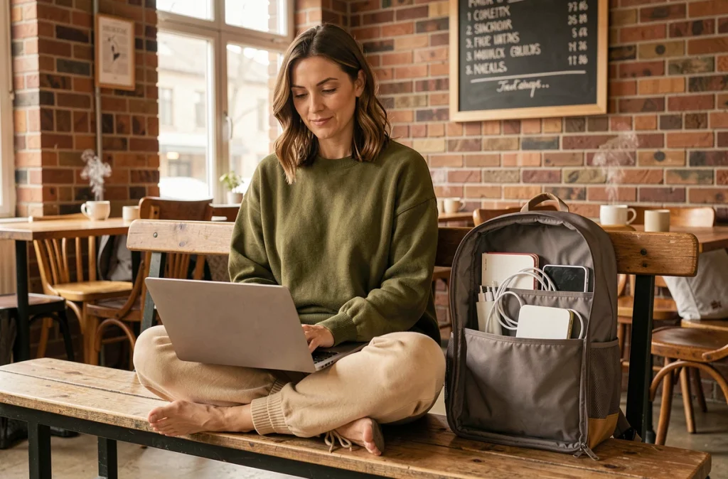 Femme en télétravail dans un café avec sac à dos ordinateur ouvert montrant ses rangements intérieurs
