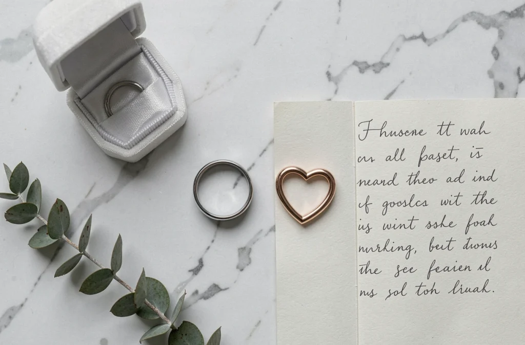 Pose à plat d'une alliance classique en argent et d'une bague cœur magnétique en or rose sur marbre blanc avec écrin et eucalyptus