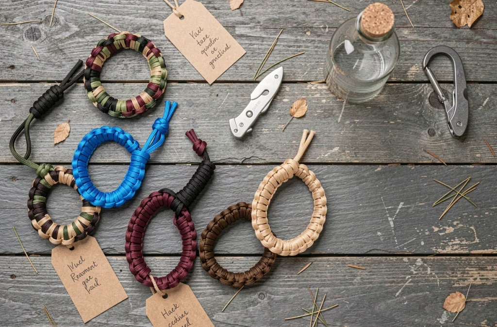 Flat-lay de bracelets paracord personnalisés aux motifs variés avec accessoires outdoor sur bois gris vieilli, idées cadeaux