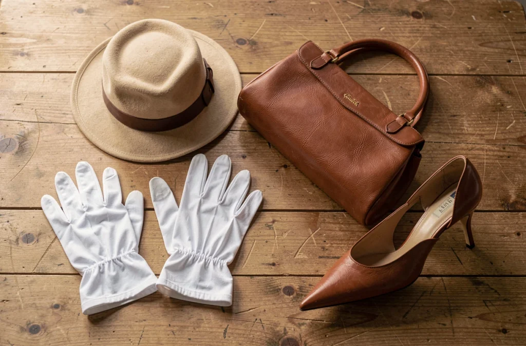 Gants, petit chapeau, sac rigide et escarpins pointus des années 50