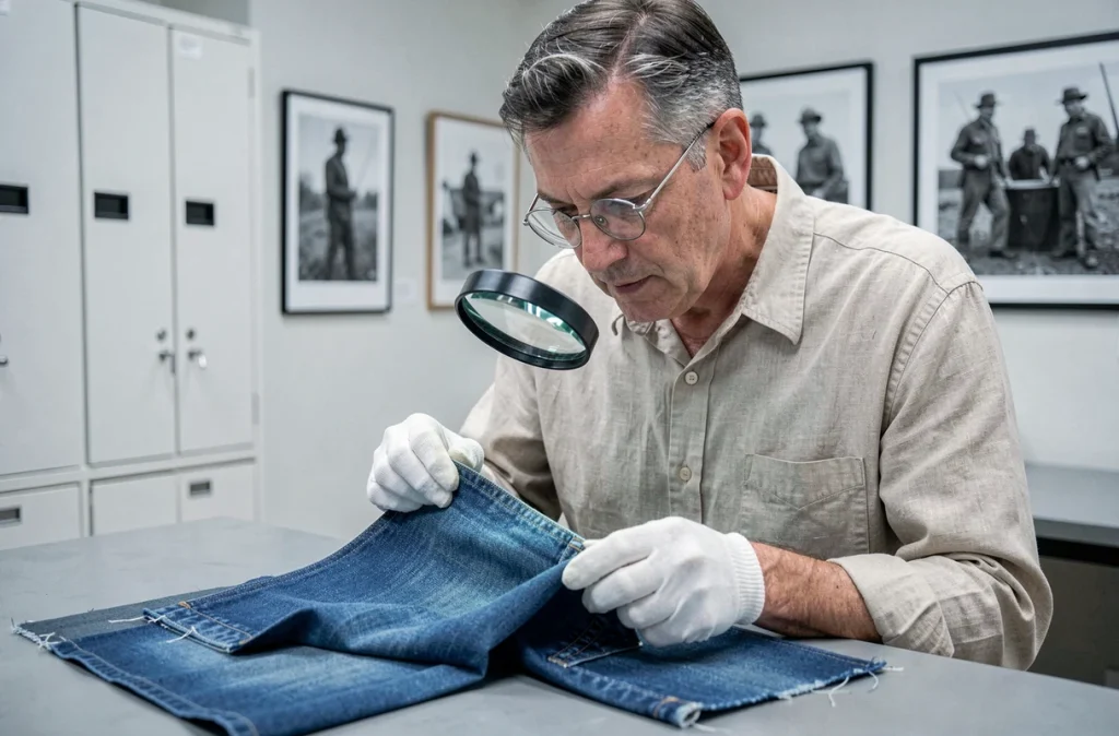 Historien du textile examinant un échantillon de denim ancien dans une salle de conservation muséale
