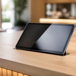 découvrez une intégration propre et discrète de l'ipad au comptoir avec des câbles invisibles pour un espace ordonné et élégant.