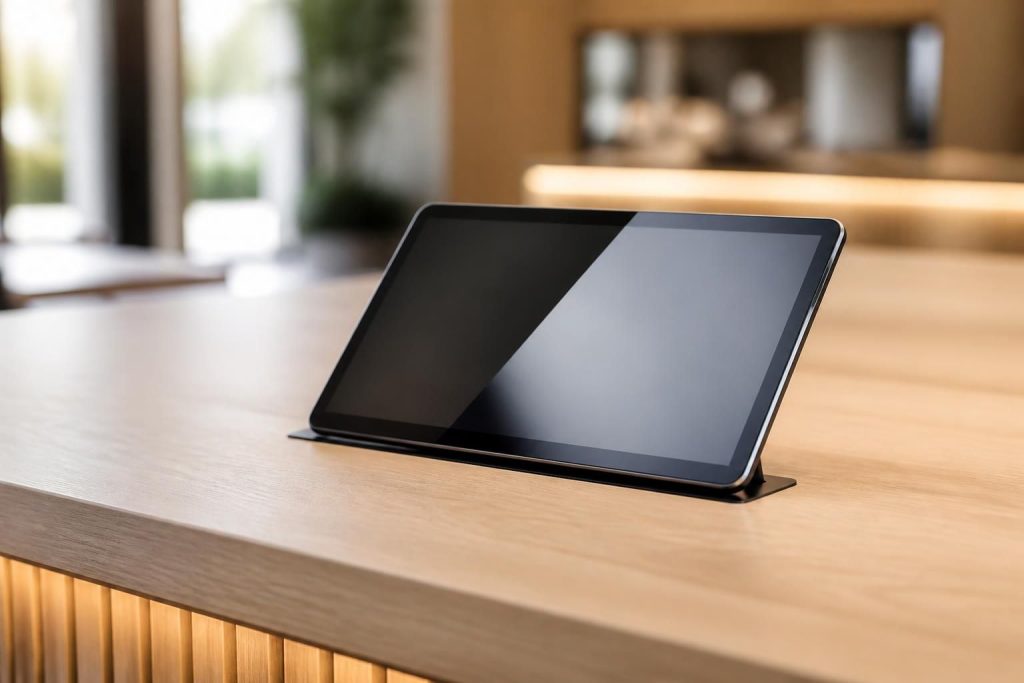 découvrez une intégration propre et discrète de l'ipad au comptoir avec des câbles invisibles pour un espace ordonné et élégant.