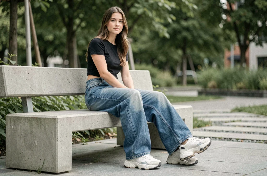 Jeune femme assise portant un jean baggy oversize avec des sneakers plateforme, montrant les erreurs de proportions à éviter