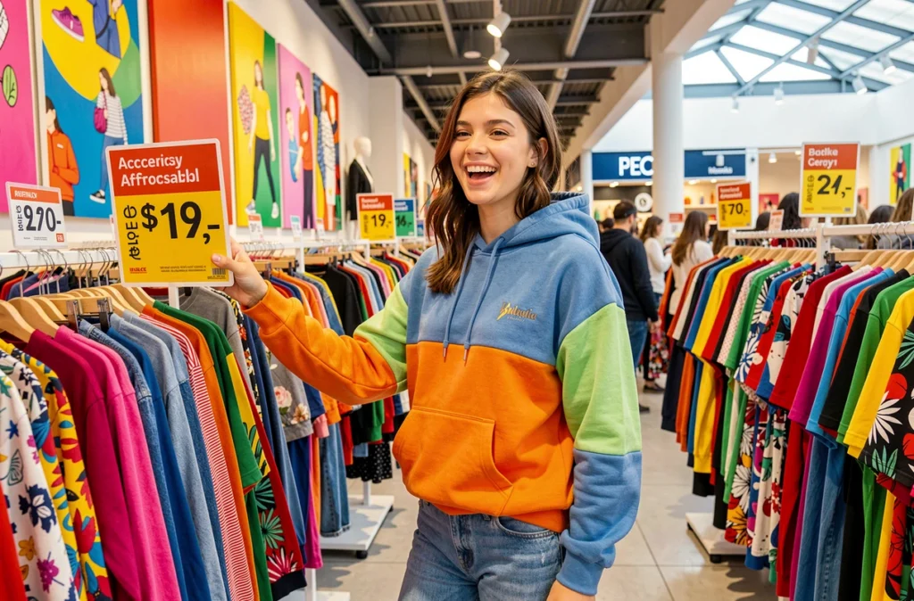 Jeune femme dynamique faisant du shopping dans la boutique Jennyfer de Cergy, entourée de mode colorée à petit prix