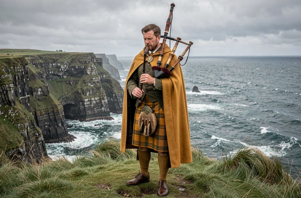 Joueur de cornemuse en kilt irlandais safran sur les falaises côtières d'Irlande avec vue sur l'Atlantique