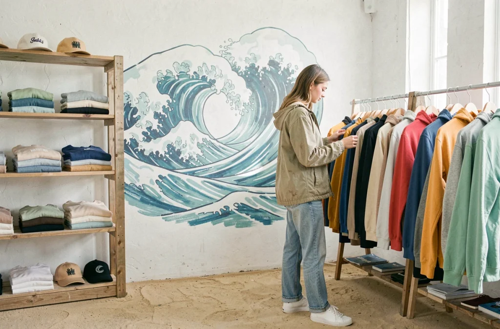 Jeune femme en veste vintage devant une fresque vague à La Vague Friperie, boutique au style côtier décontracté