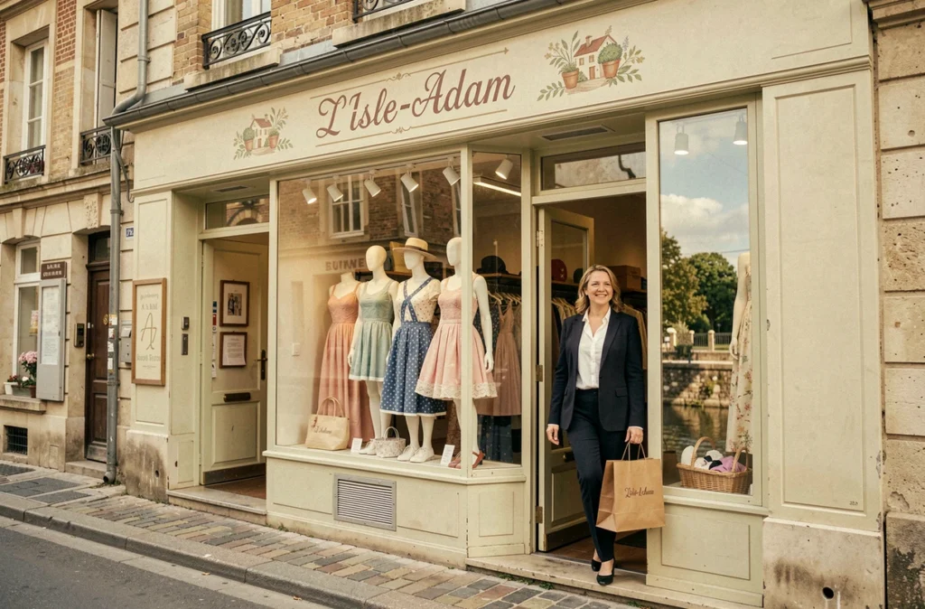 Façade pittoresque de la boutique Les Demoiselles à L'Isle-Adam avec une cliente élégante à la sortie