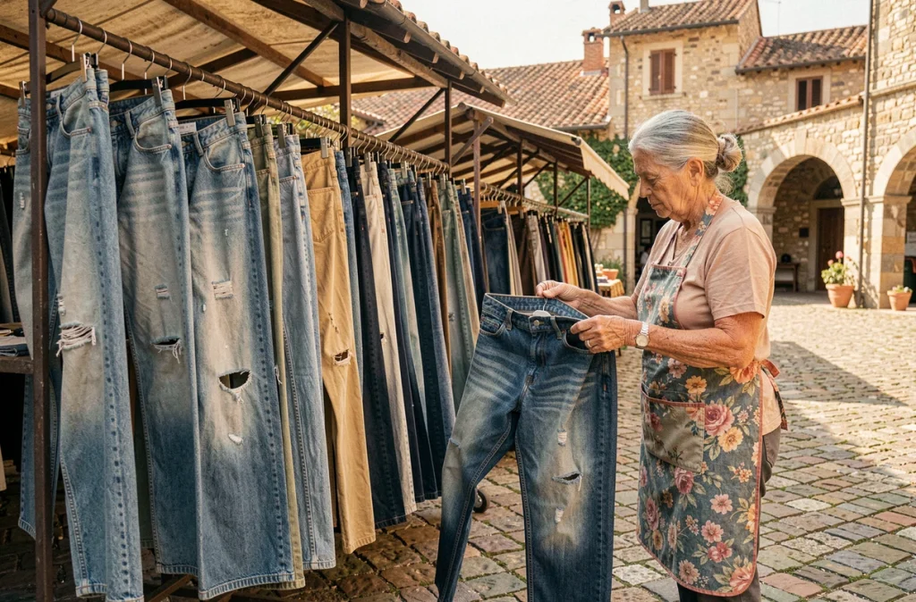 Marché en plein air dans un village du sud de l'Europe avec des jeans vintage anciens exposés sur des portants en fer